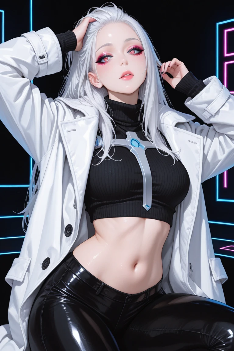 optimum，tmasterpiece，A high resolution，best qualtiy，hyper HD，super detailing，Award-Awarded，16k，独奏，（The upper part of the body），anatomy correct，Beautiful cyberpunk girl，cute  face，，Gradient Beige Hair，Hairline，（（Scarlet eyes）），long eyelasher，Hanging eye corners，White skin of the，（small boobs），（Slim body），（（College uniforms and short jackets）），（），ear studs，（neck rings），（Laser material clothing：1.2）