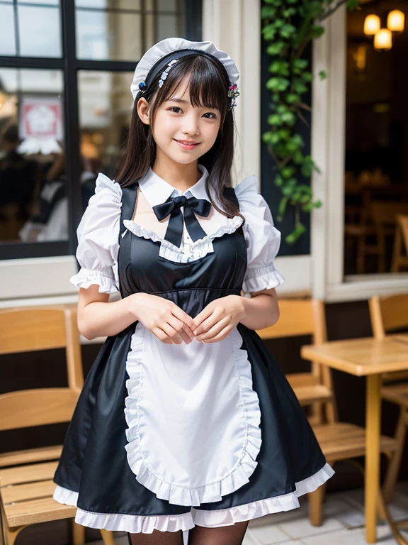 Japanese girl at 18 years old、Wearing a black and white maid outfit、、big skirt、Upper part of the body、ruffled headband、high-detail、High image quality、Shot from a high position、Kamimei、looking at the camera、