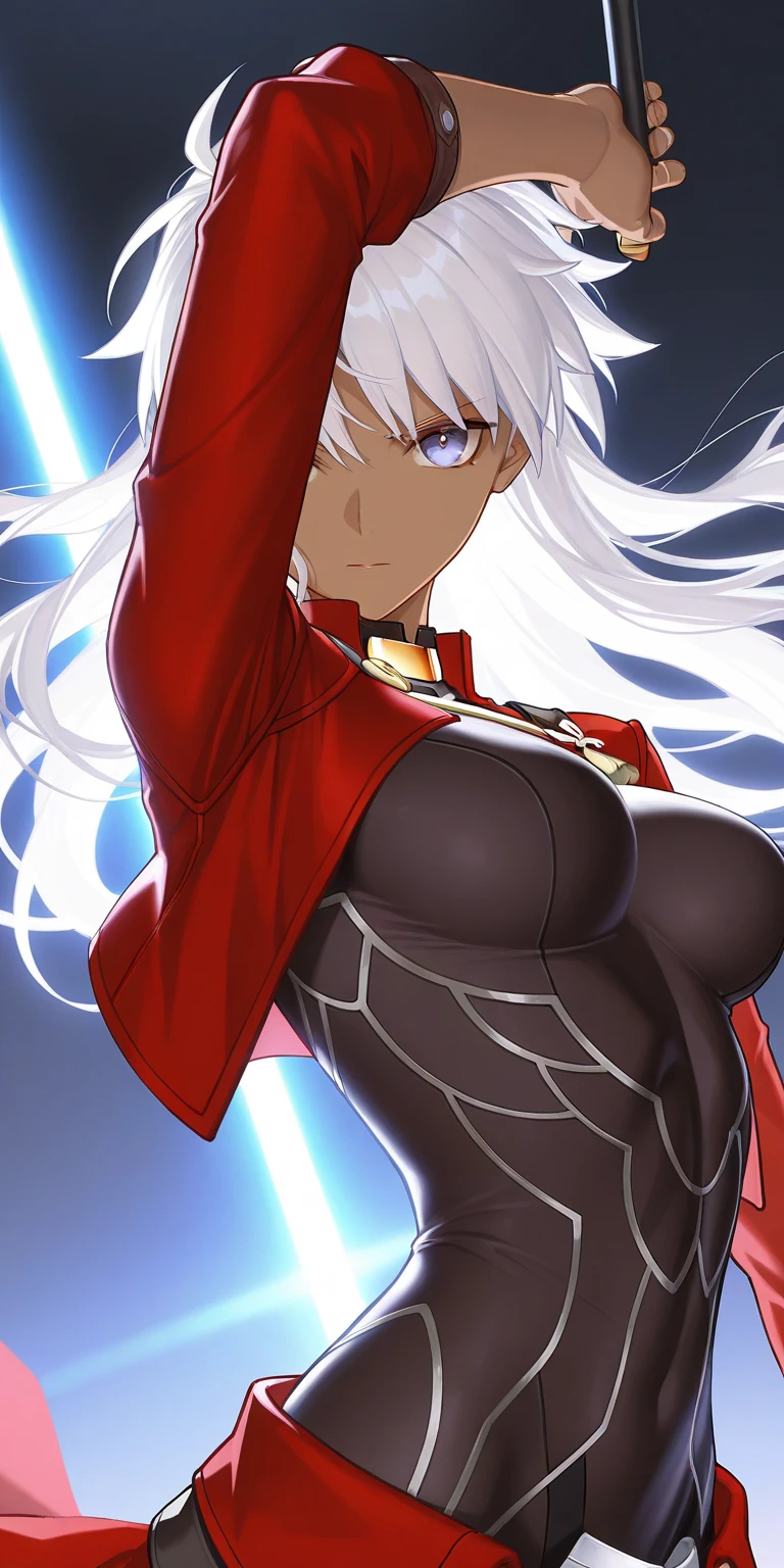 Make a beautiful agent with big breasts, a sensual body, long white hair, blue eyes, a black leotard with white and red stripes on the sleeves of the vest and a dragon symbol similar to the Autobot symbol on her shoulder., 16k, obra prima, estilo poster de cinema, drawing public attention, ??? e atraente em poses de batalha, cores vivas e quentes, estilo aventura, contraste e brilho que realce o personagem, quadris largos, seios fartos, perfect  lighting, em um cenario de uma cidade com carros e predios destruidos, foco no personagem, corpo inteiro e perfeita simetria
