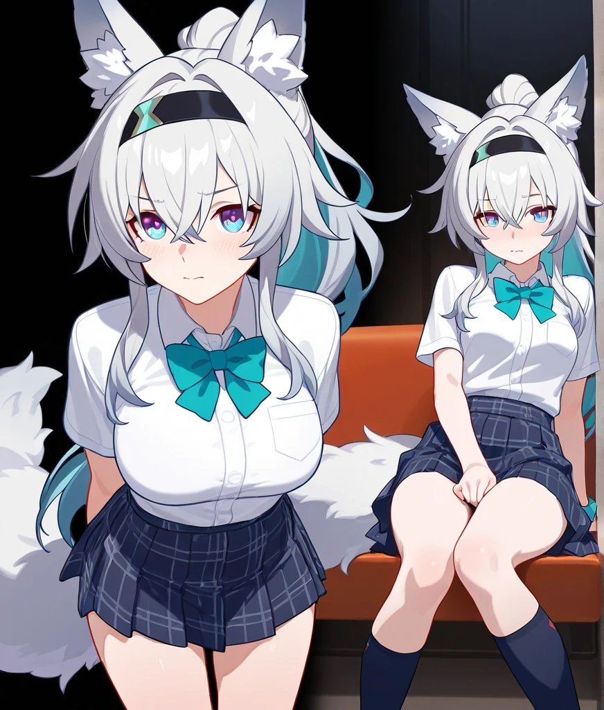 (Highest quality), (High resolution), (masterpiece), (Very detailed), Wolf Ear, Silver Hair, Long Hair, Bright Blue Eyes, One Girl, Silky skin, Shiny skin, Athletic build, blush, Heavy breathing, chest, (Swimwear), Front view, (Bright saturation), Sexual pose, Dripping love juice, Heart pupil, Trembling with sexual climax, Heavy breathing, In the classroom