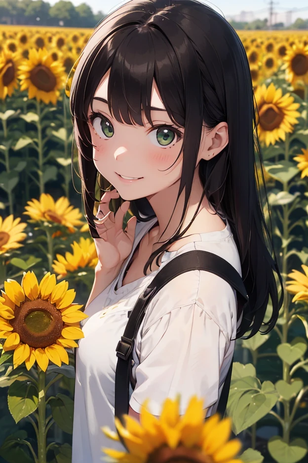 (шедевр、最好质量:1.2)、ultra hyper-detailed、lighting like a movie、((1 beutiful girl))、body complet、shirts、summer vacation、a country road、Sunflower field、135mm f/1.8