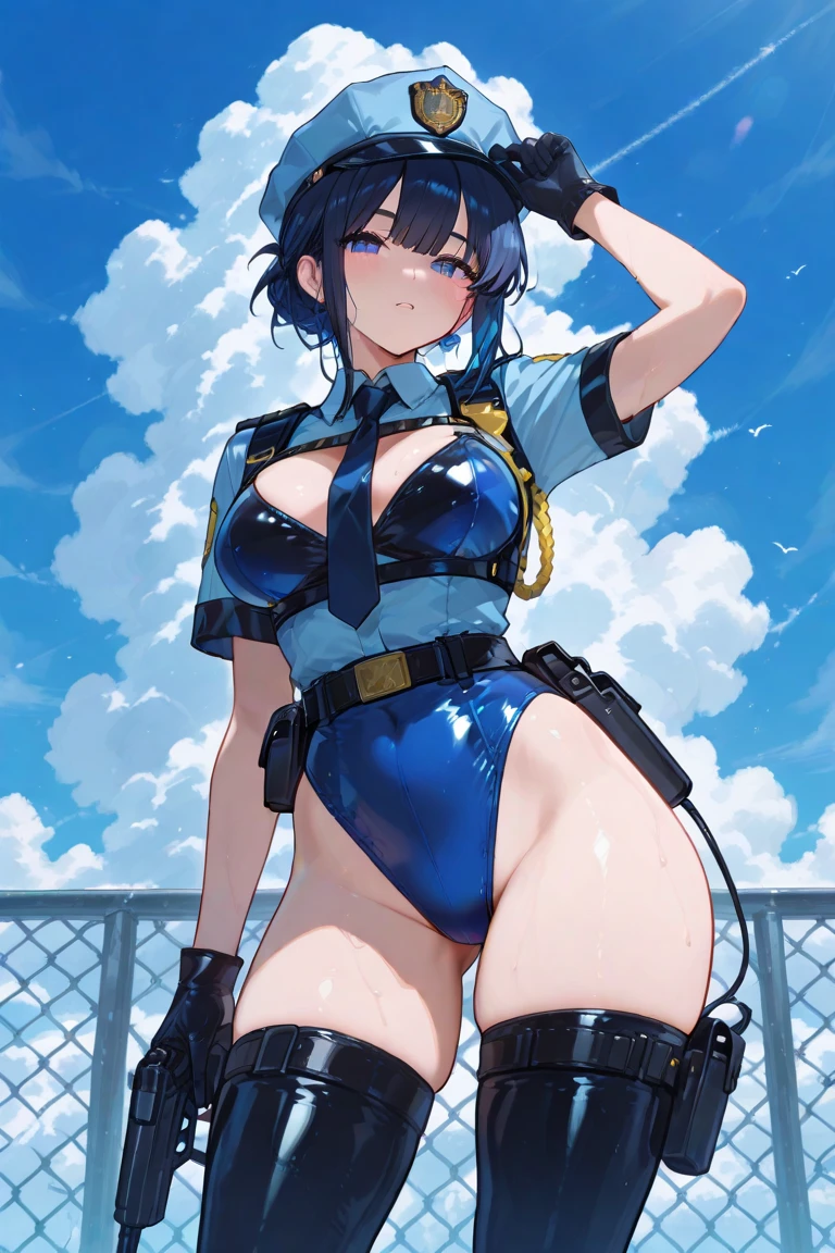 (Perfect body),Best Quality,(8K Portrait),(masuter piece)、(Official art),Police Woman、Police Hat、blush,Sweat,(((large udder)))、((Big ass))、(Navy blue leotard)、(Black hair),((bob cuts))、Yellow eyes,((thick thighs))、Adult Woman、Cowboy Shot、close legs、((((A smile))))、(In the street)、Right-handed salute、(Left hand on hip)、(((showing teeth)))、((((Chibi))))、