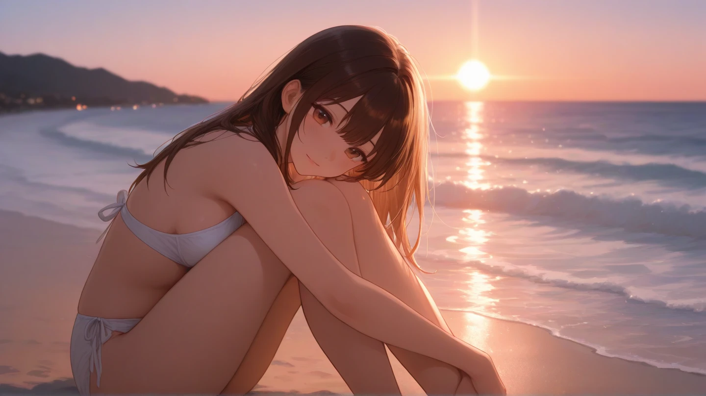 a young woman wearing a bikini is standing in the grass next to a sun burst