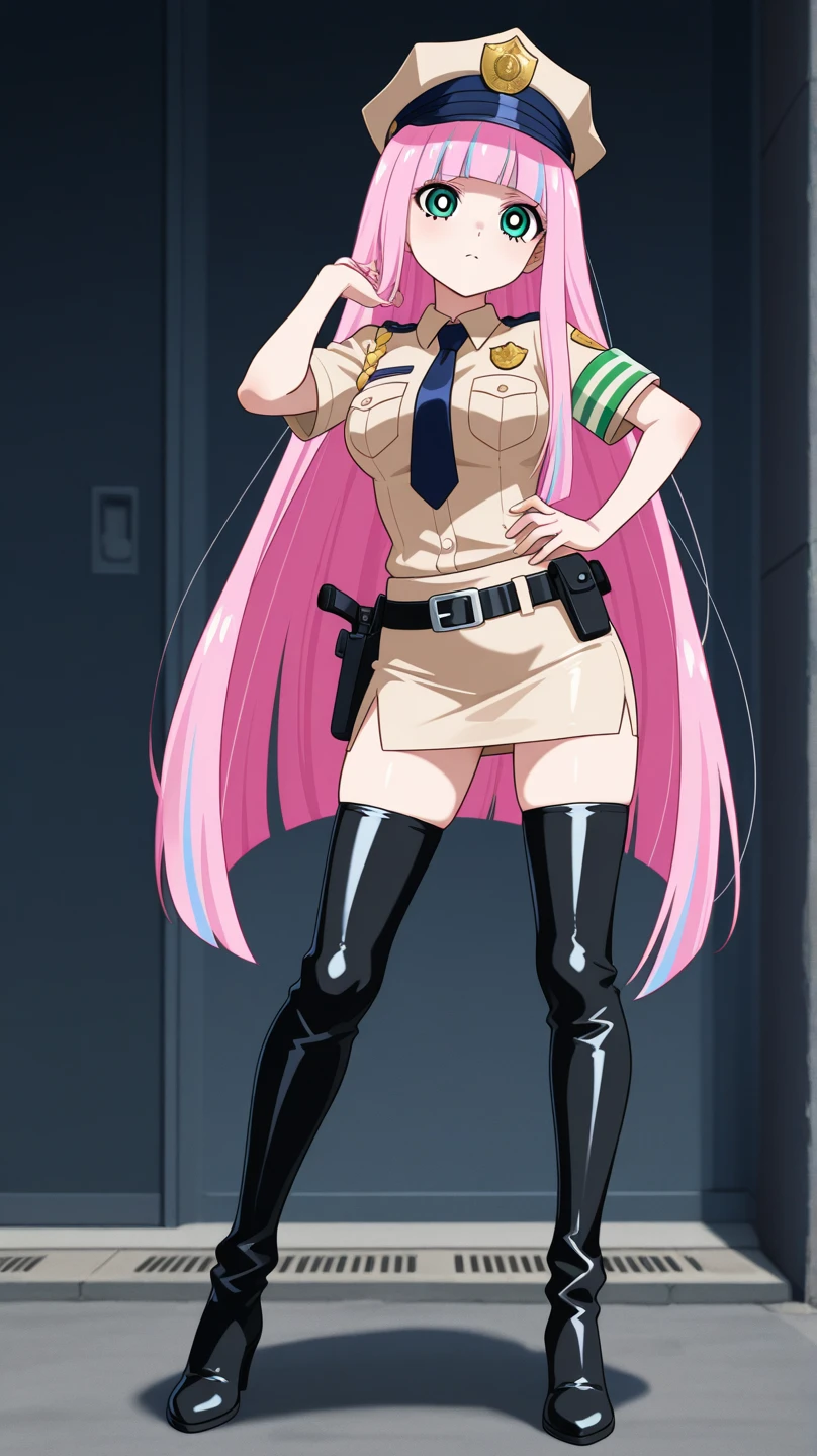Masterpiece, Best Quality, Highly detailed, illustration, absurdres, bleach, meninas mcallon pink eyes, doll suit, shadaloo doll, nazi salute, pink-hair, 1 girl, solo, expressionless, emotionless eyes, looking at viewer, red gloves, emotionless, black latex, corrution, black latex suit