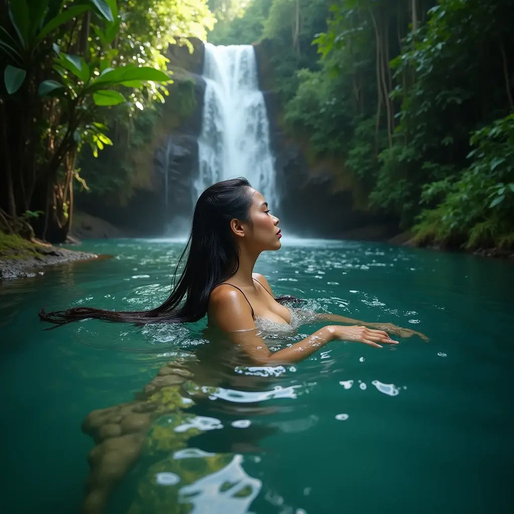 A beautiful Indonesian woman, floating swimming in the river in clear water under the rainforest waterfall. floating Wet hair face down with the back of the body visible under the water, look at the viewer, realistic photography, vivid light, wide angle shot from top.