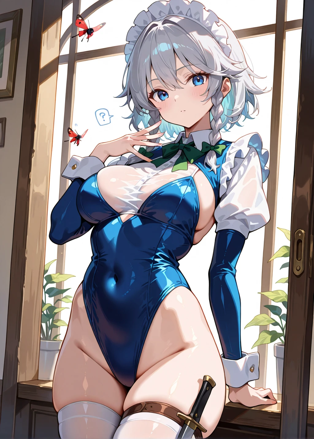 1girl, solo, detailed face, , , long hair,,,my room,looking viewer,side ponytail,small breasts,smile,(((leotard))),cowboy shot,(nsfw),(spoken heart),rabbit ears,bunny girl,bunny suits,fishnet pantyhose