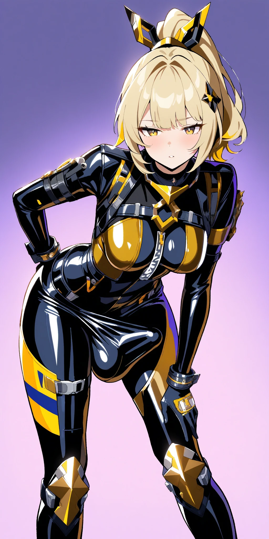 (Best quality:1.3), blonde ponytail, busty, thighs, bodysuit, (pov), standing, smiling, sexy, erotic, lewd, plain background