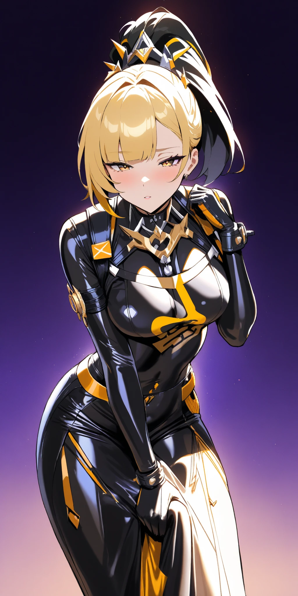 a young blonde girl in a black with gold accent space suit, seductive pose, beautiful detailed face, piercing beautiful detailed blue eyes, light freckles, detailed muscular body, ponytail hairstyle, no background, full body, beautiful detailed lips