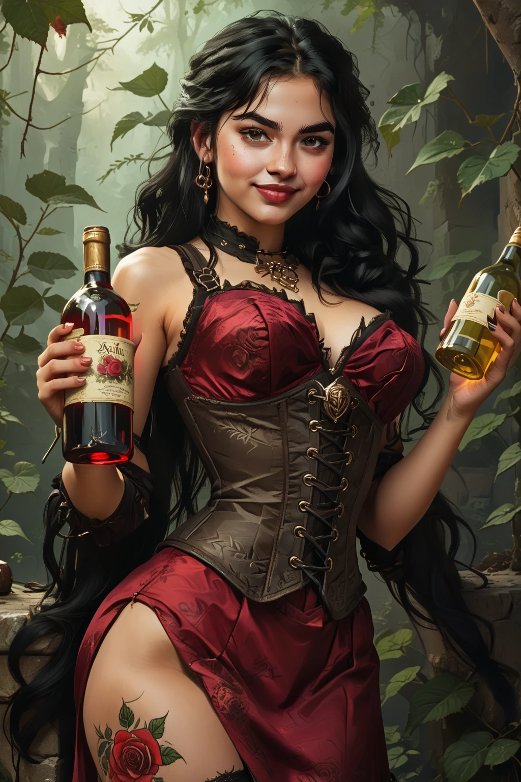 A gypsy dove in the cemetery, Brunetette, SMILING smiling broadly and wearing red lipstick, wearing a red corset with black gypsy-style details, with a long, round red skirt, long, full wavy hair, with a red rose in her hair, holding a crystal glass and a cigarillo, with golden gypsy necklaces and bracelets