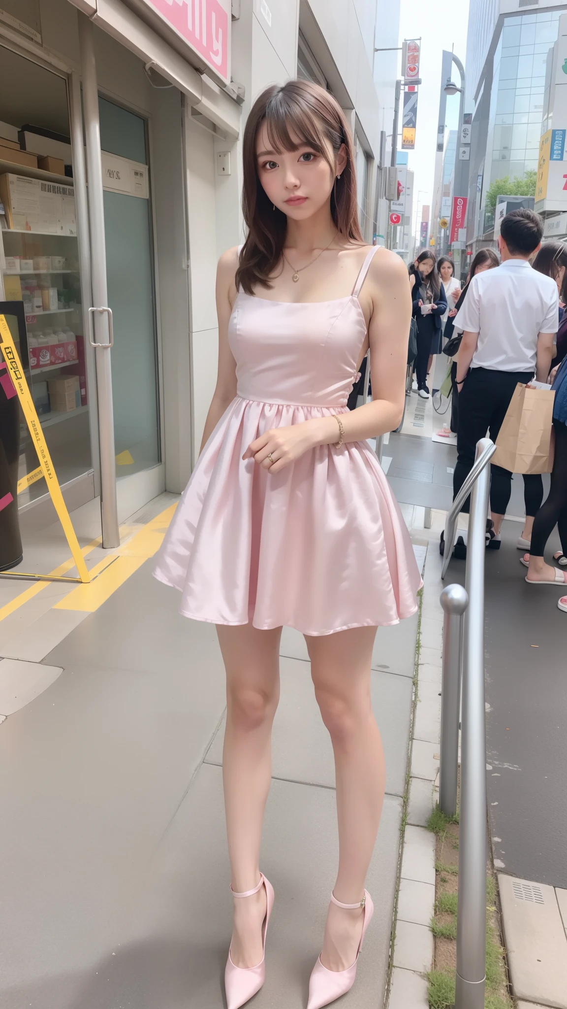 of the highest quality, Idol with slender body, front facing, Well-proportioned body, Exhibited, Event Hall, Moe Pose, Sleeveless Pink Satin Lolita Dress Machine Armor, Standing with legs open, Model body type