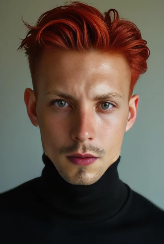 A teenage boy wearing a green turtleneck, green long sleeves, red gloves, gray long pants and black boots and orange hair, sitting at home stressed sitting with his legs spread VERY VERY wide. no nsfw, wrong clothes, extra h