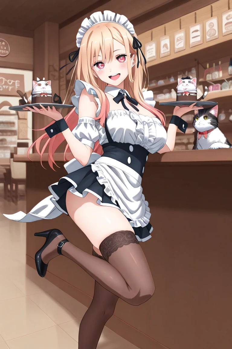 1 girl playing with a cat、Kitagawa Kaito、KitagawaMarin.、Maid cafe employee、 cafe interior、Serve customers、Maid Outfit、knee-high stockings、micro mini skirt、、、gentle smile、、、high heels、masterpiece、Highest Quality、