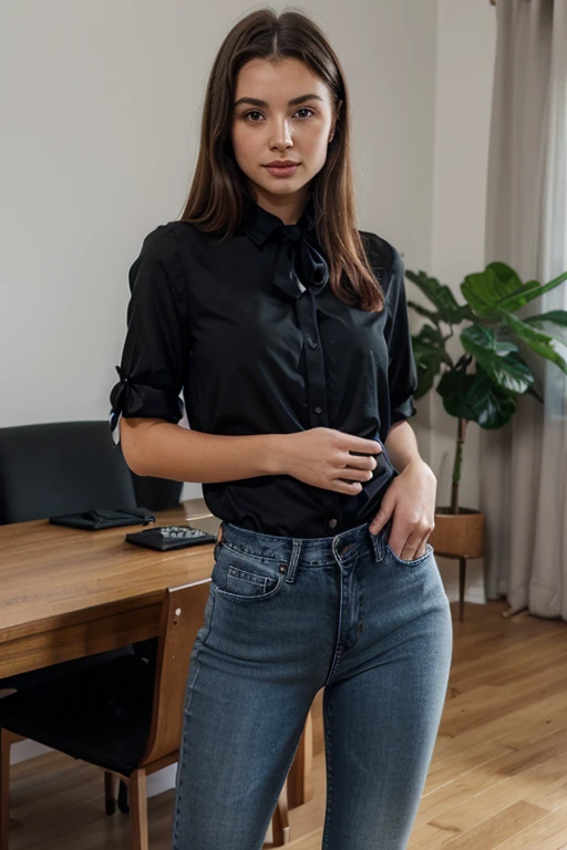 woman in the office with light blue shirt, hair tied in a ponytail, black jeans, suede shoes, square glasses, brown hair, contemporary painting style, rendered lighting.