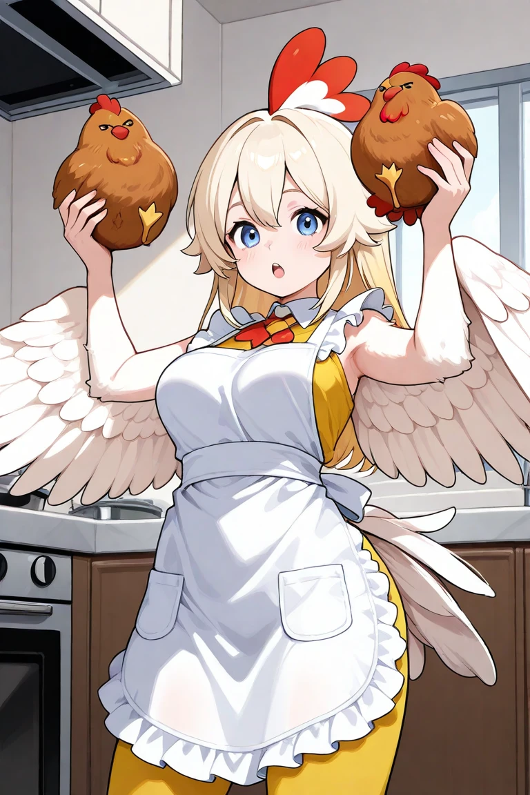 (((masterpiece, best quality, very aesthetic, absurdres))), High-definition background, bright atmosphere, (solo, 1girl), Morning Light in the Kitchen, KitchenRoom, (((large serving rices on table, rice balls, white rice))), BREAK, (aananase), cleavage, (covering breasts:1.4, hand on own breasts, hand on own face, finger to mouth), long hair, twintails, drill hair, halo, fake animal ears, pointy ears, hairband, x hair ornament, [large breasts:0.6], (feathered wings), white dress, bowtie, belt, sleeveless, detached sleeves, white pantyhose, (looking at viewer:1.2), embarrass, blush, BREAK, breast press, bare breasts, bouncing breasts, puffy areola, puffy nipples