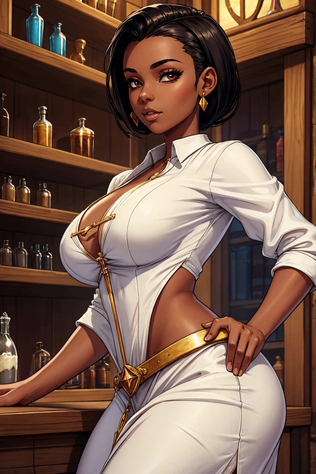 ((Masterpiece, hiquality, absurdress) 1Woman, black hair, curly hair, Afro-curly hair, Green eyes, a perfect face, the perfect body, big breastes, short stature, very dark skin, Hindu woman, 独奏, ((Best Quality)), ((Masterpiece)), (Detailed:1.4), Detailed eyes and face, white robe, Medical Uniform, Doctor's costume, medical doctor, hospital, Emergency Physician