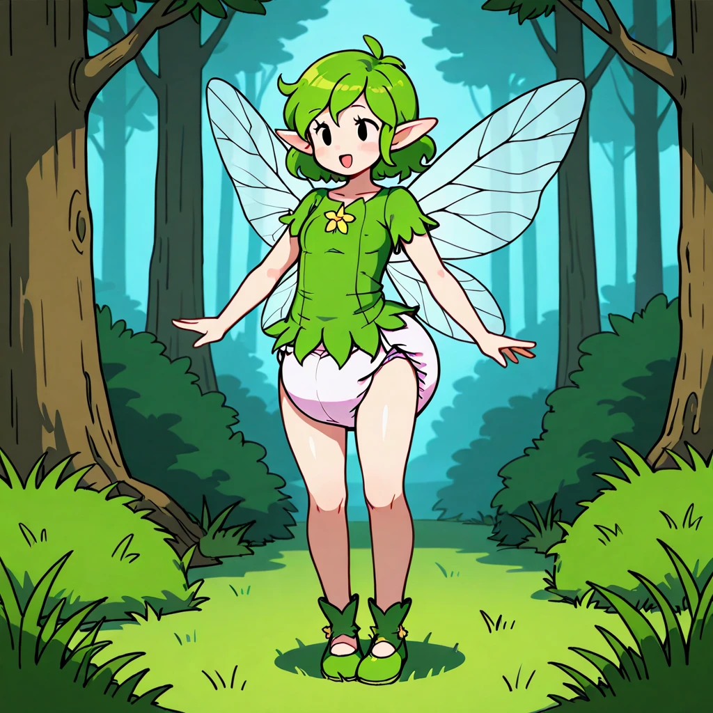 Fairy-tale environment, forest background, tree silhouette, shadowy forest, Prismatic coloration. Jungle like environment. A young woman with purple skin, lit up with heavy freckles & a set of B-cup breasts, bearing curvaceous hips, Slender Legs, & a round yet small ass standing in a wild forest. She has short, White curly hair. She is wearing a cute grass bikini, made up of a grass bra along with a grass skirt. She has a serious face & a stern gaze in her sharp Starlike Violet Glowing eyes with black sclera & a heavy freckled form. She has Long sharp translucent Crystal cyan deer Antlers & a set of elk like ears. She has a small cute nose. She has large golden Fairy-like wings with a & an obvious short fluffy wolf like tail with great detail. She is completely barefoot. She has a Glowing heart womb tattoo hidden by her skirt. She is standing in a battle ready position, summoning a burst of stardust from her fingers. She wears a Treacherous expression