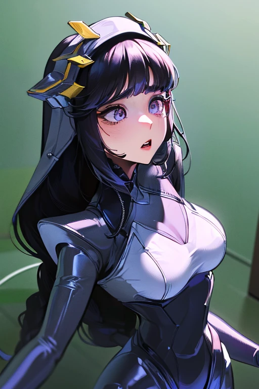 empty eyes,robotization,woman ,big bust,Robot Joint ,Metal skin,Black Suit,long hair,a black suit that covers the whole body