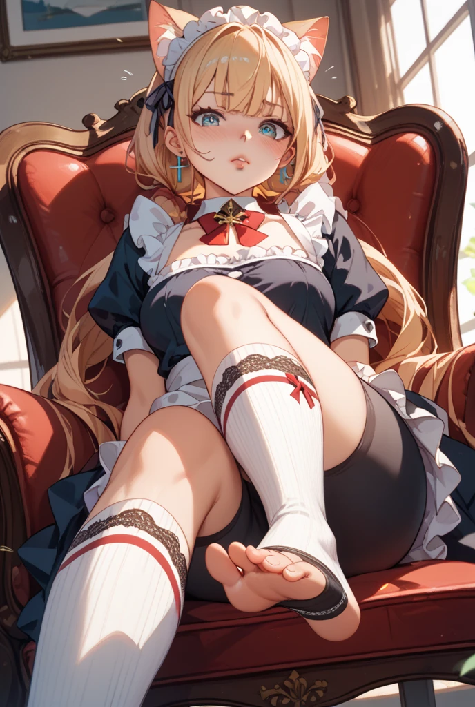 ((Best Quality)), ((masterpiece)), (detailed), 1 cat girl sitting on a chair with her legs crossed showing a bit of her thong, CLOTHES:mark, black brazier