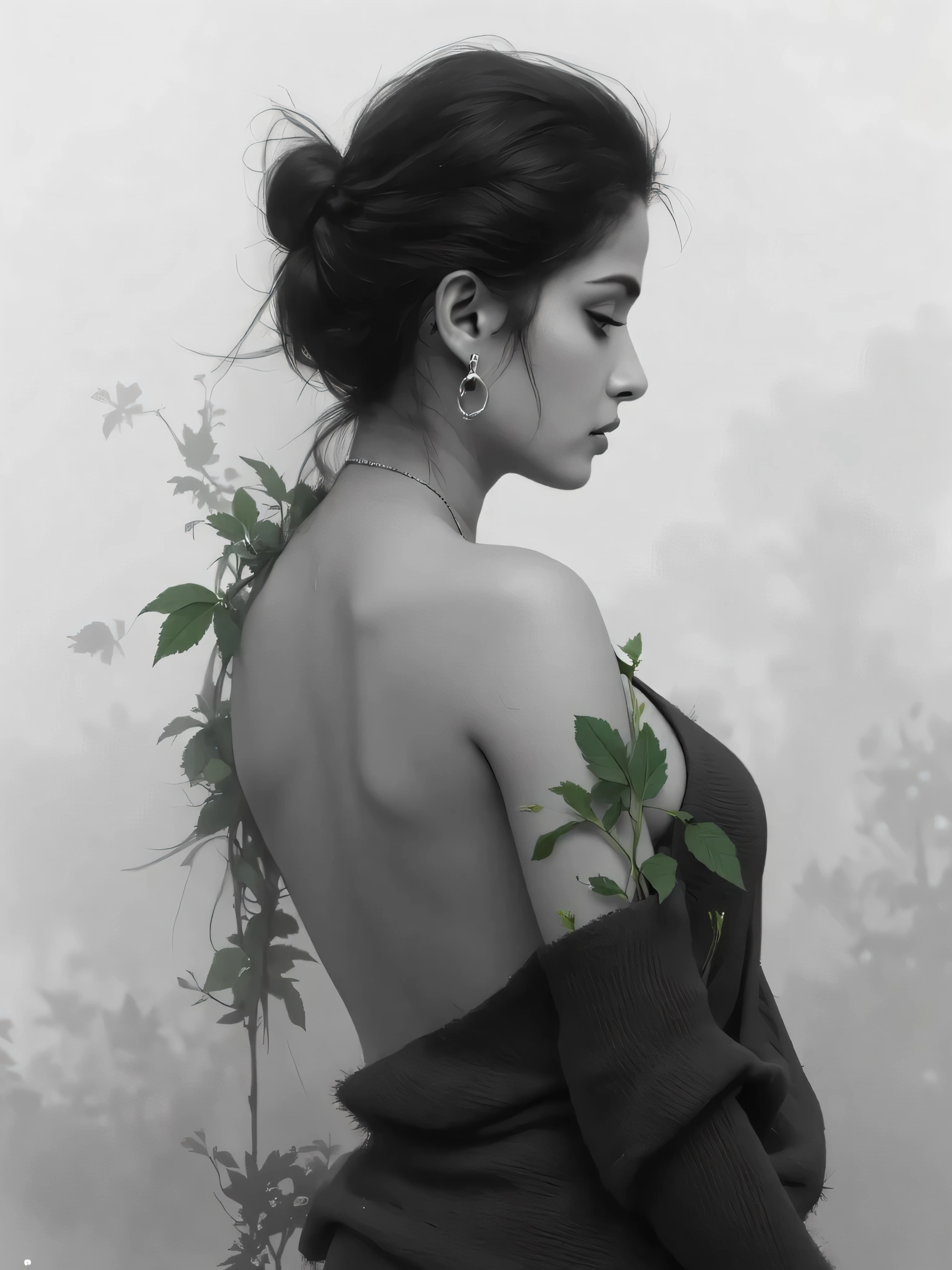 black and white portrait of a woman from the back standing in a forest, grayscale subject only, leave touching her skin , only the leaves are colored, lush green leaves, dark hair in updo, hoop earrings, bare shoulders, bare back , slim back, soft skin texture, leaves touching her skin, bright green leaves, single green color, soft lighting, sensual posture, close intimate framing, ethereal misty white background, shallow depth of field, surreal mood, foggy white haze, mysterious and erotic atmosphere, sfw , monochrome , surreal photography, colorpop effect so that only green color leaves , GREYSCALE FEMALE SUBJECT, COLORED LEAVES
,Anushka Shetty