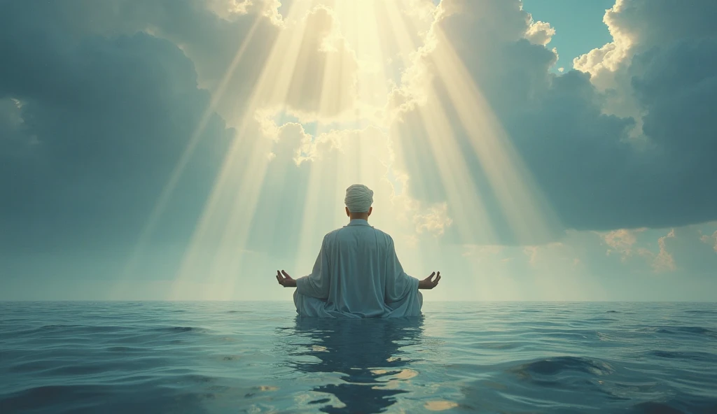 3D view, huge blue lake surface, a white skinned male suspended in meditation on the water surface, with ripples under his feet, perfect figure, handsome face, perfect abdominal muscles, perfect muscle curves, a handsome male dressed in Hanfu Xianfeng Daogu