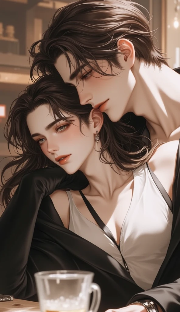 Amazing portrait of a sexy woman with her messy bun hair tied in a black hairband wearing alluring earrings and black v-neck t-shirt kissing and making out passionately with a shirtless boy on the bed in an intimate setting