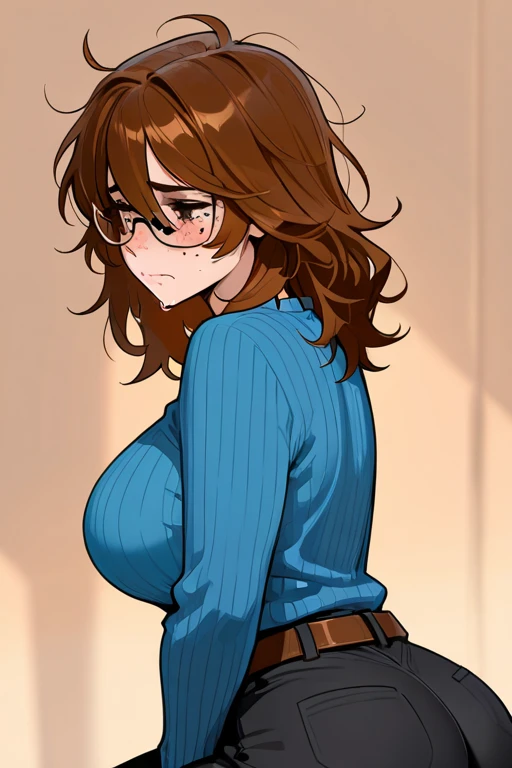 Detnox, 1dickgirl, masterpiece, best quality, 1dickgirl, skinny face, brown hair, detailed face+green eyes, large breasts, large bulge, closed mouth, looking at viewer, long hair, gamer headphones, wearing a v-neck sweater and jeans sitting in a cozy log cabin near a fireplace, background:log cabin interior, solo, upper body, 