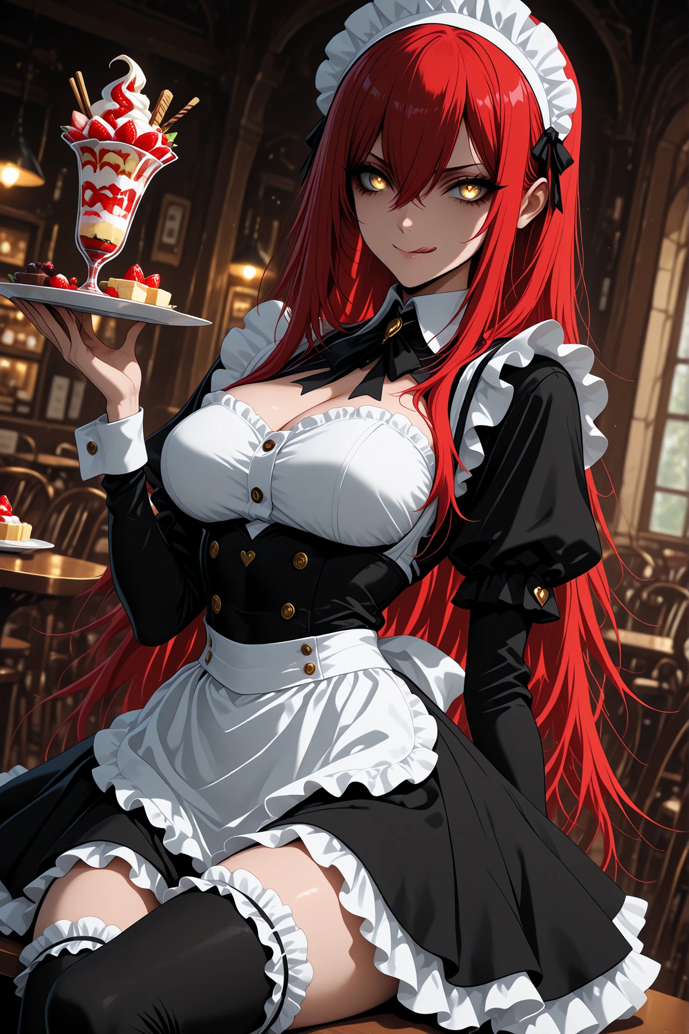 ((anime coloring:1.25)), 1 woman, golden eyes , very long hair , long sidelocks, red hair , half upon, mediumlarge breasts , petite , very cute , beautiful ,Straight hair, cool, handsome, hair between eyes,
, evil smile, maid, maid outfit, ta fashion, maid headdress, frilled dress, ribbon dress, frilled thighhighs, bare shoulder, layered skirt,
holding plate, cute parfait on plate, sitting, licking lips, maid cafe
(((dynamic pose, dynamic angle))), dutch angle, scenery