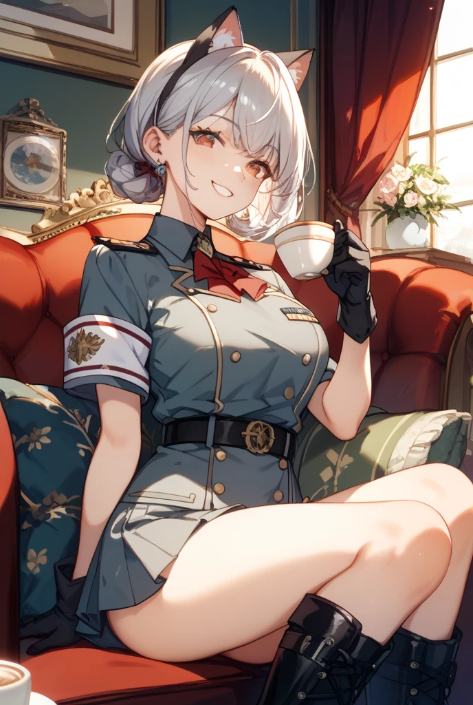 masterpiece, best quality, highres, aafng, braid, large breasts, military uniform, red jacket, strap between breasts, white gloves, belt, pleated skirt, black skirt, white pantyhose, <lora:florence_nightingale_v1:0.7>, sitting, indoors, table, coffee, sunlight, smile, chair