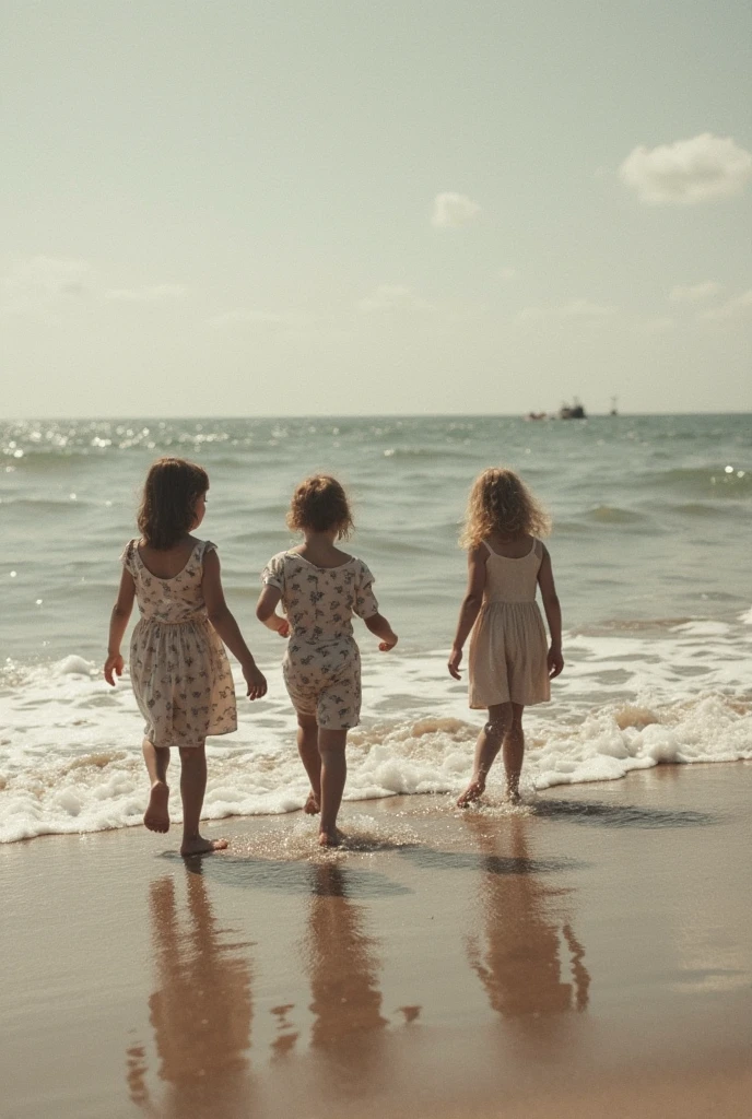 three pre-raphaelite blonde siblings, little kids, australia, playing in the beach, 2020s fashion