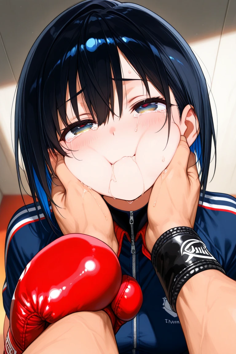 (nsfw),masterpiece,ultra detailed,sharp focus,25 years old,adult female sucking a penis hardly,blowjob,at changing room at gym,black short hair,tanned skin female,track uniform,blushed and happy,look at penis,crossed eyes,cum on face,(peace sign:1.1),curvy body