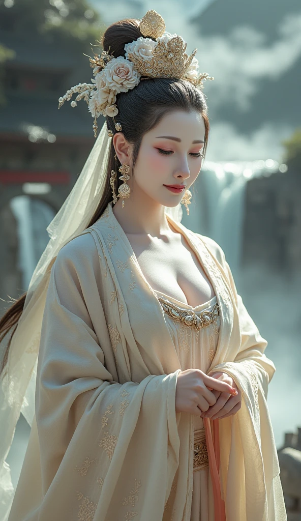 1 girl, (White robe), In a captivating scene, Exquisite and beautiful features, Big eyes look at you, Dance, Dunhuang costumes, Dunhuang style, Arms, Dance with the ribbon, Multicolored ribbons,golden jewelery, Ancient Chinese hairstyle, gossamer, Streamers, Flying in the air,Light makeup, eye shadows, Brow line, (face), dynamics, Petals flying, Details, jewelry, Earrings, bangle, bshoulders, Complex textures, chest, Guqin, conduit, Natural expression, Charming smile, A beautiful woman in a flowing white Chinese robe is flying in the air, Soar through the clouds. The wind gently lifts her robe, Emphasize the feeling of flying,As they fly gracefully over the ethereal cloud scene