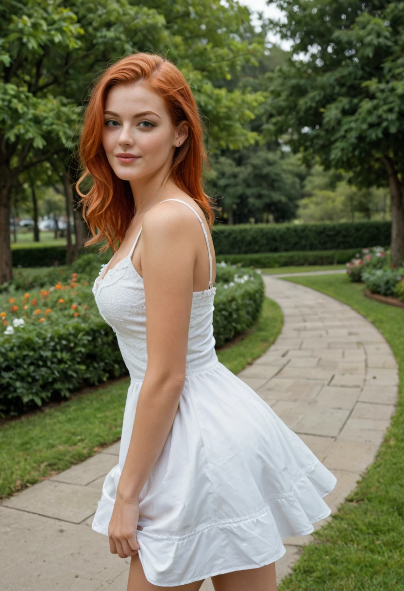 She is a 25-year-old woman with vibrant red hair that gracefully frames her face.. Your skin is white and smooth, further enhancing the natural shine of your hair. with 1,66 meters high, She has a sculptural body that attracts attention, complemented by an elegant posture. Your smile is captivating, lighting up any environment with your friendliness and charisma, transmitting a feeling of warmth and welcome to everyone around you.  
one she is posing full body for a photo in an urban park, your model can wear a casual and elegant dress, vibrant color, what a contrast with the green around. She can wear comfortable flats or sandals. The ideal pose would be her standing, leaning against a tree, with one leg slightly bent and the foot resting on the torso. One hand can hold a straw hat, while the other gently touches the tree. The gaze can be directed to the side, With a gentle smile, creating a feeling of relaxation and harmony with nature.