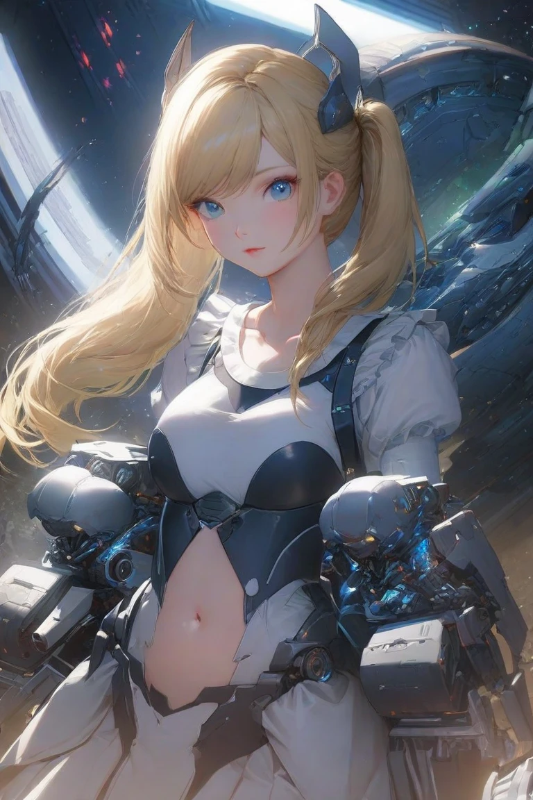 battleship,On deck,Wing Gundam Mecha(Girl)long flowing hair,Bright Eyes,Excited expression,Big breasts,Annotator from afar,