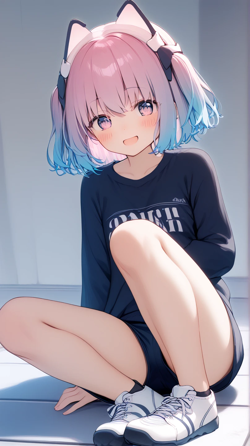 (Best quality, 8k, 32k, Masterpiece, UHD,:1.2),RAW, 1girl,ultra cute , natural lighting,transparent shining eyes, 20yo,medium breast ,fair complexion ,flushed face, dynamic angle, short hair, White sweater, Norwegian Forest Cat at her foot, squatting, Playing with Cat, shiny,From the front, show off panties