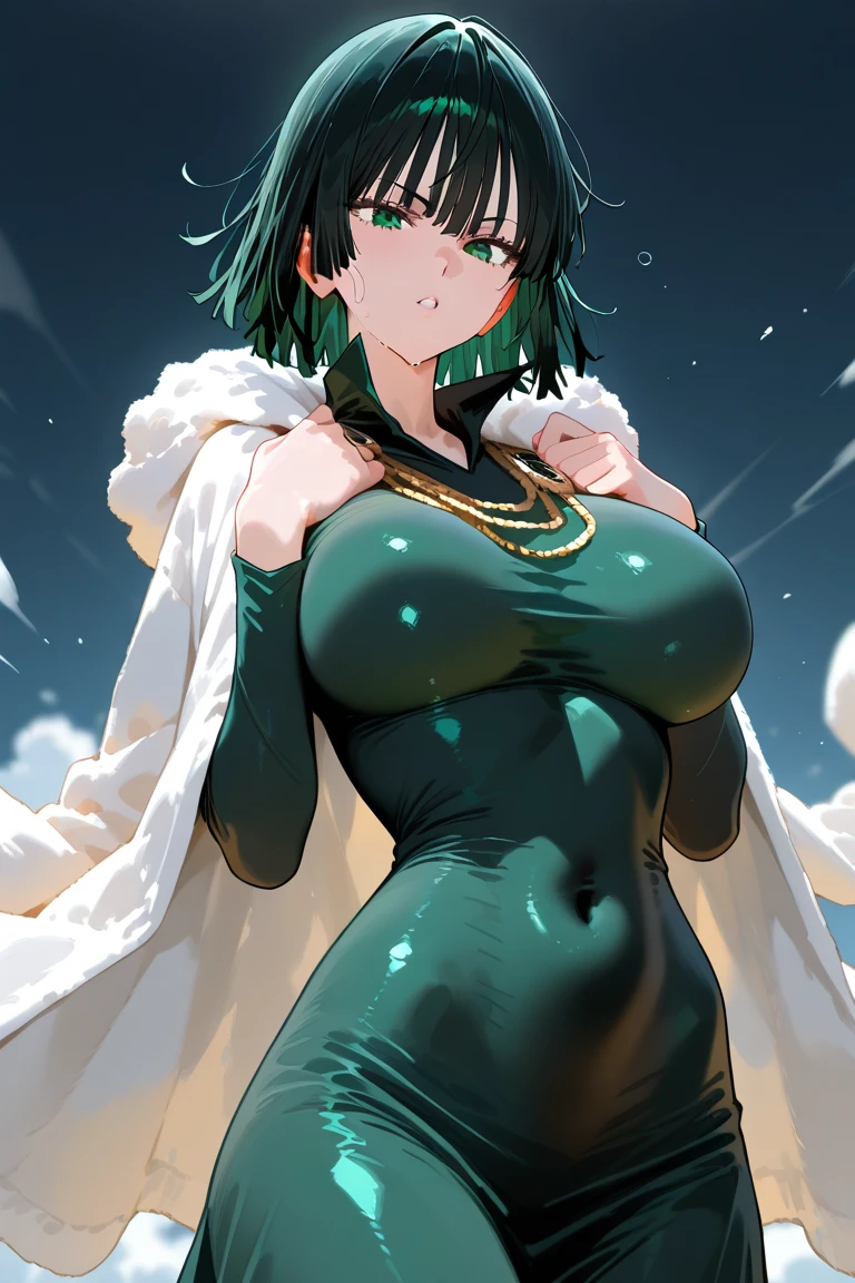 (best qualtiy,8K,32K,masterpiece,hyper HD:1.3),1个Giant Breast Girl,perfect bodies,Super detailed face,Large breastlack hair,Off-the-shoulder attire, naked, nude, fubuki, green eyes, fubuki, nipples, full body, city