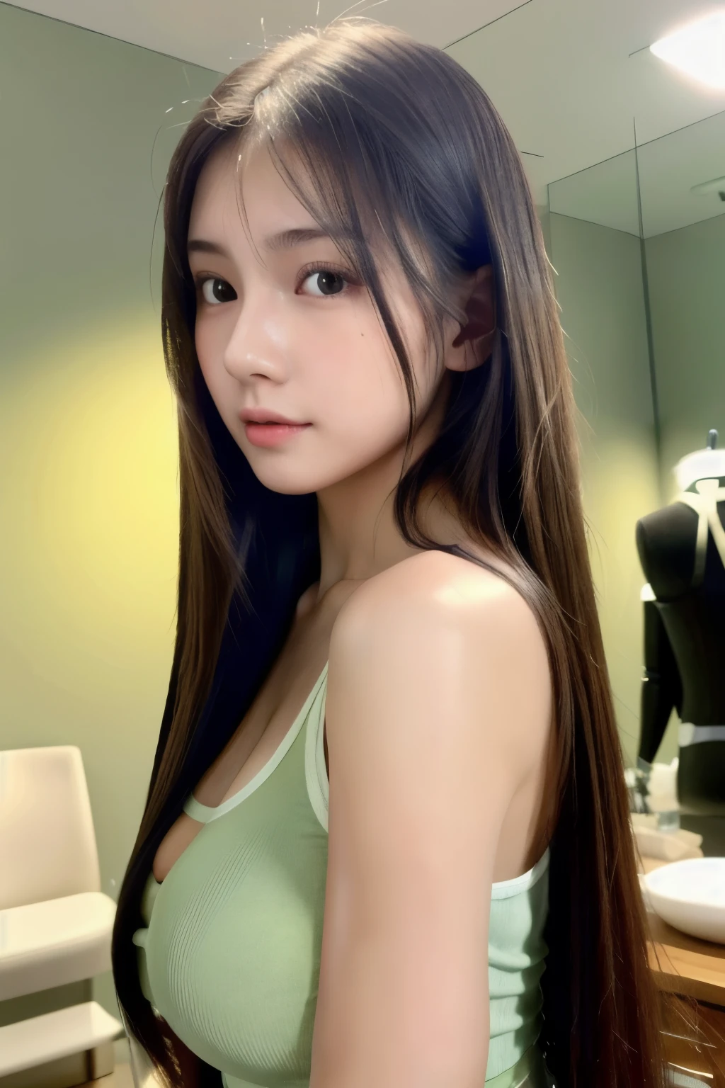 18 year old girl、Semi-long hair、With bangs、Wearing a tank top、Sitting on the bed、double eyelid、Small breasts、Beautiful feet