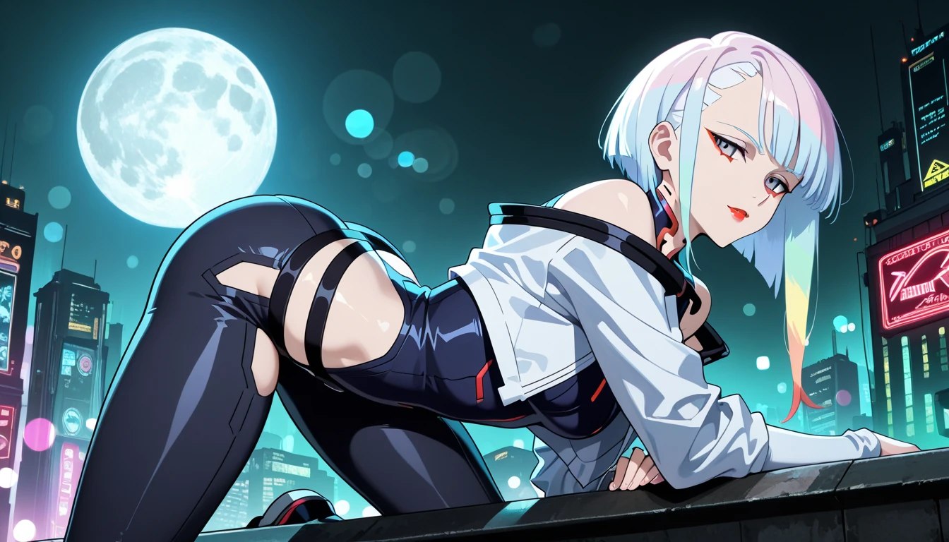 1woman creppy "Big breasts" + "large rear" + "wide hips" + " tiny waist" + "plump thighs" + "Lilac eyes" + "Black eyeliner" + (("happy expression")) + Small fangs, mouth open" + "Black heart pupils" + "long curly hair light gray color Hair" + "Side-wavy bangs" + "Red Lips" + "Lucious Lips"”)}, {“Outfit":black shirt, black pleated skirt, Black attached necklace}) creppy, horror, anime cover
