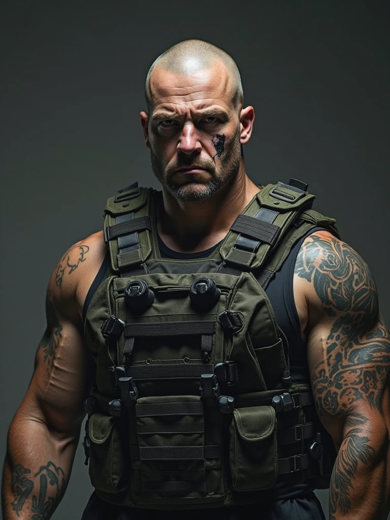 Strong Man Drawing, 40 year old, large scar on the face, Green Eye, baldie, militar, high resolution, 4K, full hd