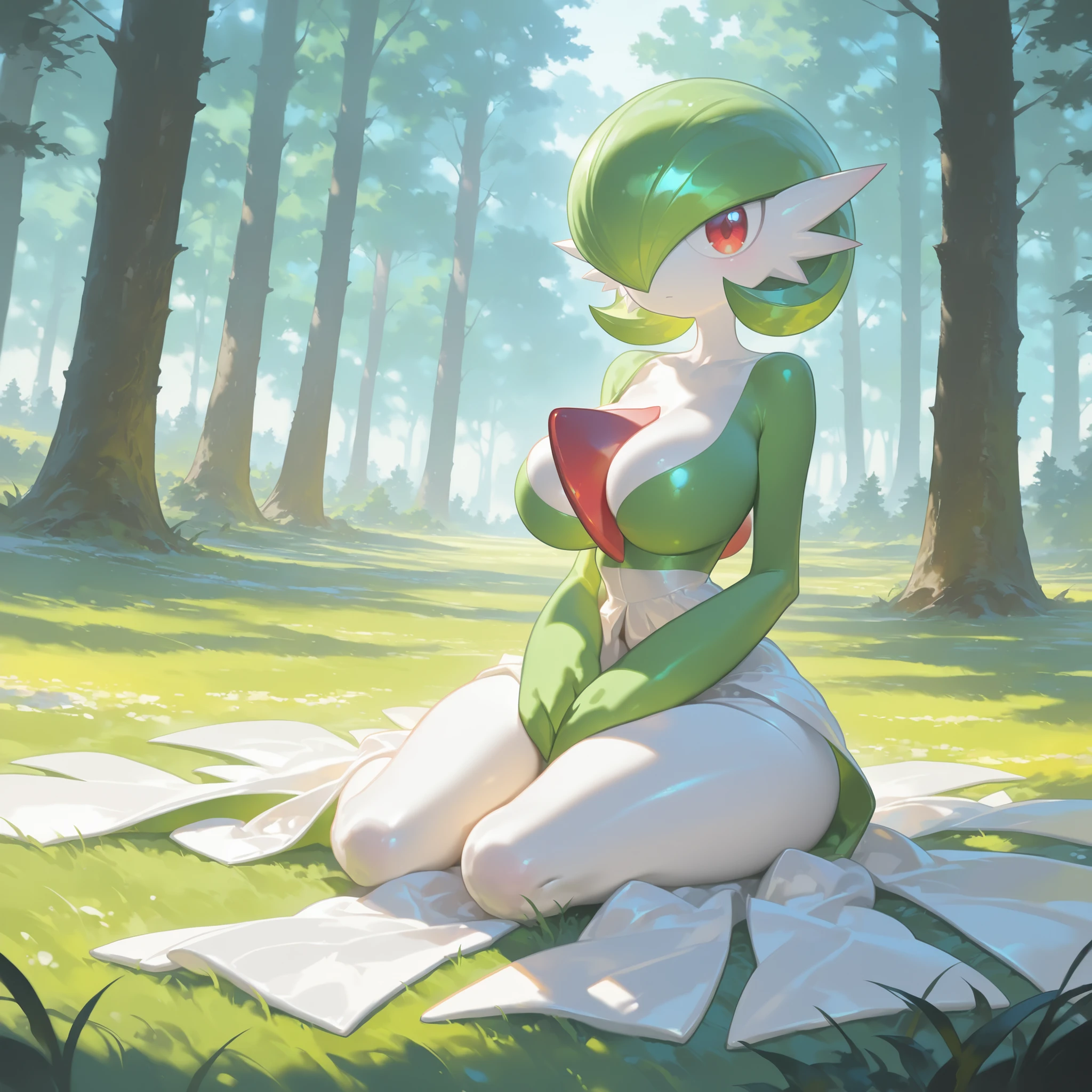 best quality, Gardevoir, pokemon, short height, red eyes, green hair, sad, crying, slim, slender body, skinny legs, looking at viewer, blurry background, outdoors, in forest, full body, slim, ((masterpiece)), best quality, 4k, cinematic lighting, ray tracing, reflected light, panorama, flat chest, high detailed illustration, high detailed background, hi-res, lying on the ground, no feet, on ground, bruised, wounded, white gardevoir dress, green top, legs together, bare legs, bare feet, curled up, sexy pose, (NSFW), anime, anime screencap, gigantic breasts, huge breasts, woman wearing full bodystocking, necromancer, raven, MILF, (very large breast), milf, (mature female), gloves, earrings, navel focus, capes, Elegant body, curvaceous but thin, the woman have beautiful detailed eyes, detailed textures, otherworldly ruins, fantasy, RPG, Dark atmosphere, extreme shading, masterpiece, best quality, milf, mature female, milfication, The armor covers her breasts and abdomen, ultra mega hyper ultra mega hyper ultra mega super big and beastly huge breasts.((her vagina is very wet, so wet that her fluids pass through Clothes)), She has her panties in her hand and apparently she had taken them off and only had her skirt. She is in your bed with a smile and she is blushing and she is biting her lip. In the area of the vagina it has slut written while the arrow is pointing at the vagina. Her breasts are leaking breast milk and her vagina has already been filled with semen by my penis.) (((Sexual image, sex, porn, pornography, sensual, sexy, erotic, horny)))]