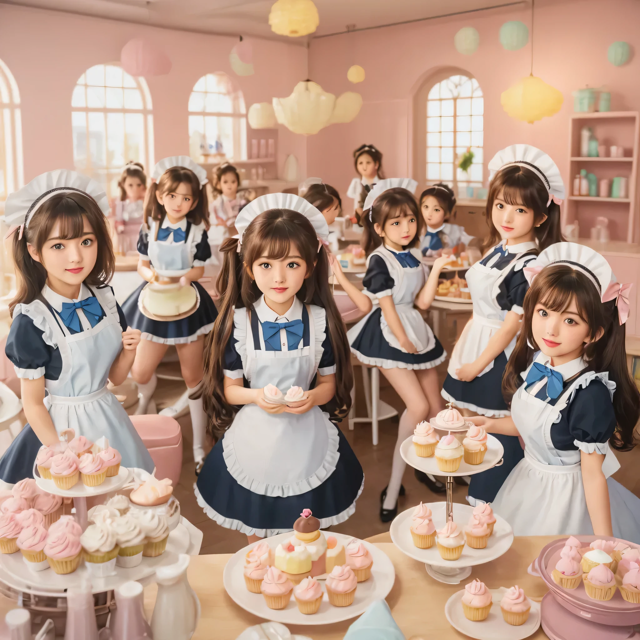4+ girls, multiple colored hairs,Multiple Skin Tones Sweet Maids, random cute faces, super happy smiling, open mouth, group shot, zoom camera, sweet tea party, lots of cakes, macarons, chocolates, parfaits, cookies, land of sweets
