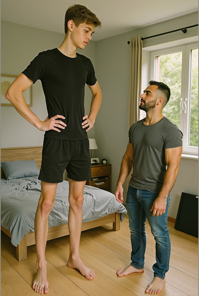 Two tall, bald, muscular, attractive korean men, full body, completely naked and without clothes, each covering their naked crotch taking a cardboard box around their waists,