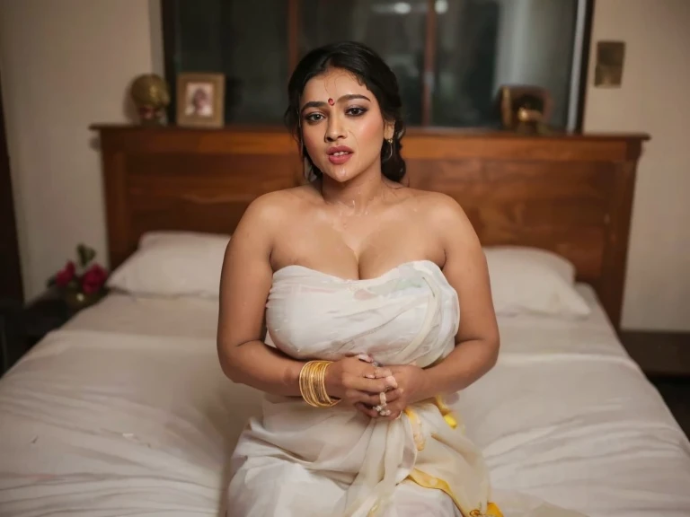Day scene, full body photo of a plus sized 45 year old indian with a man from top view, (Masterpiece, Best Quality, High Resolution), office Background, (cum Splash on her breasts and nipples, cum Splash on her face, Splash of cum, cum Splash on her blouse, cum Splash on her eys), Sweet 25 year old South indian women sitting on her knees in a crowded party hall with a man, hour glass body red lips, white colour transparent chiffon gown, lightly makeup,ultra realistic, realistic, look at viewer (cinematic:1.3), intricate details,