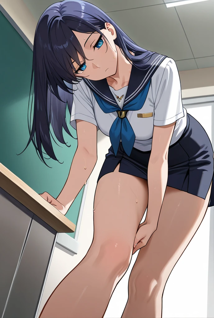(masterpiece, 4K resolution, ultra-realistic, Very detailed), Girl、、12 years old、blazer、Sit on a chair、classroom、Holding white panties with both hands、smile、Black Hair、Side Ponytail、Brown eyes,holding panties,presenting panties.Perfect Fingers、tie、pussy、dildo in pussy、Blushing、Embarrassing、Embarrassed