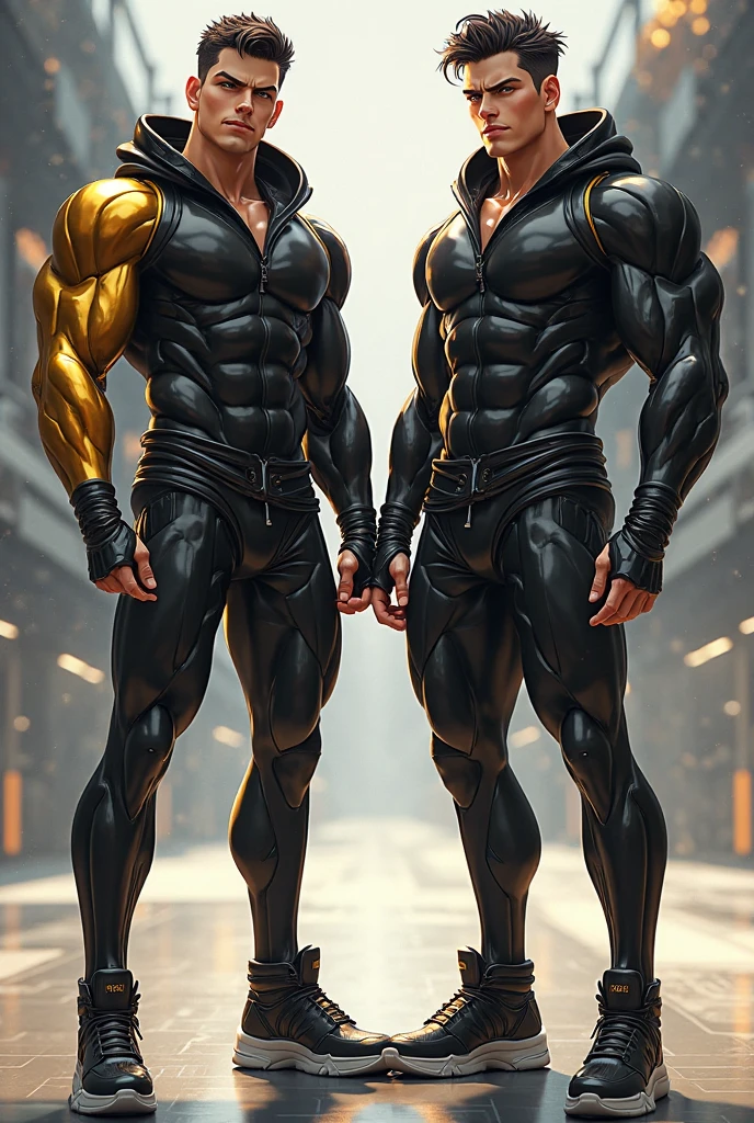 full body profile photo, in modern fashion clothing store, two different white men, in ripped latex suits, destroyed undercut haircuts, their faces completely redone by cosmetic surgery with almost non-existent thin tiny turned up nose, and massive over-inflated siliconed lips, rubbber ties, golden rings fashion jewelery, shoes off, lost, in latex socks clearly visible , shoeless, screaming, sprawled on the floor on stomachs showing off ripped latex socked feet, terrified
