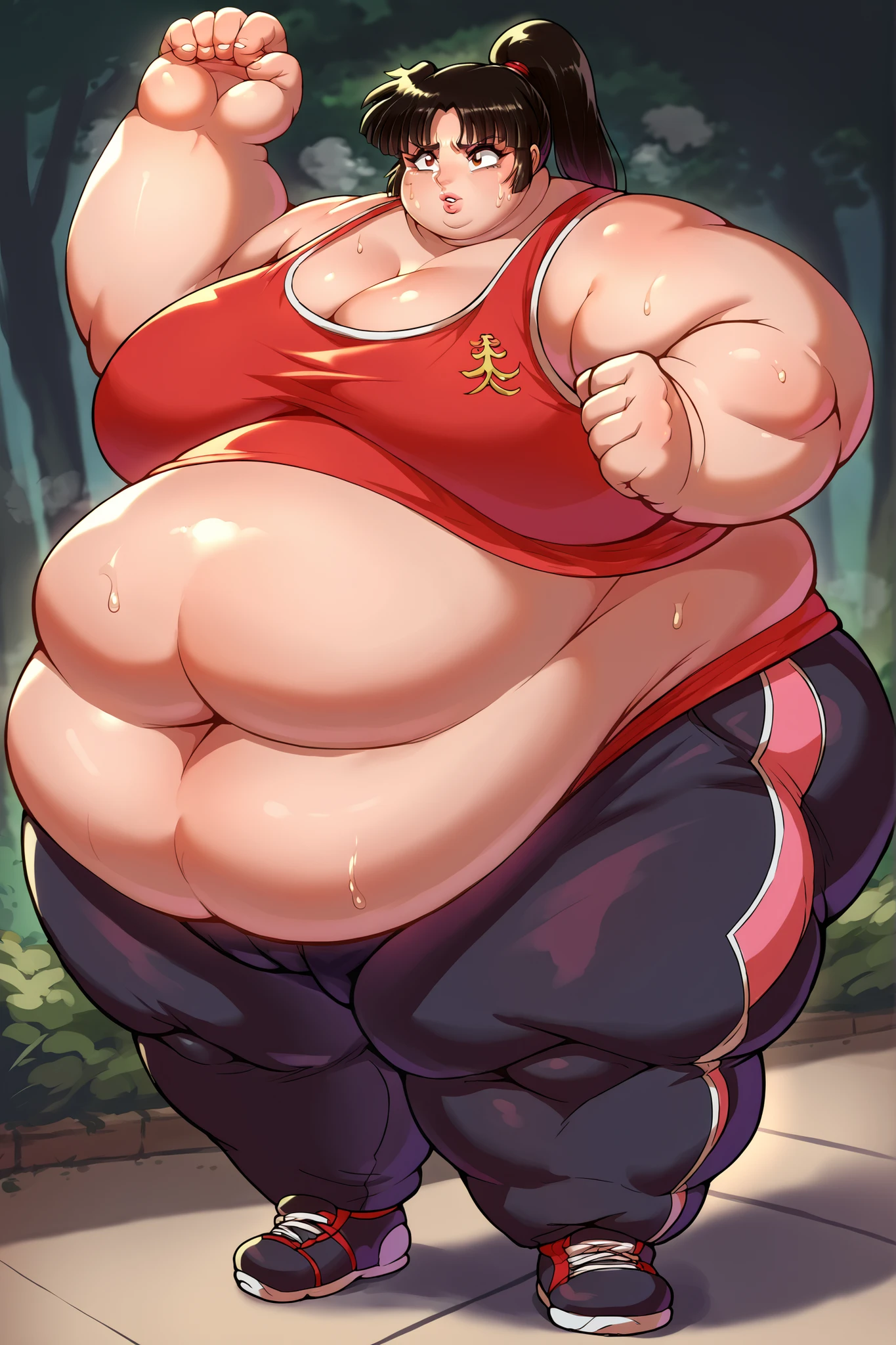 score_9, score_8_up, score_7_up, source_anime, inuyashasango, sango, long hair, black hair, brown eyes, ponytail, tank top, black sweatpants, shoes, giant hands, giant feet, fat, chubby, obese, gigantic arms and legs, gigantic breasts, sagging breasts, full body shot, fat face, chubby face, double chins, big lips, bottom heavy, teardrop body, fat crotch, sweat stains,