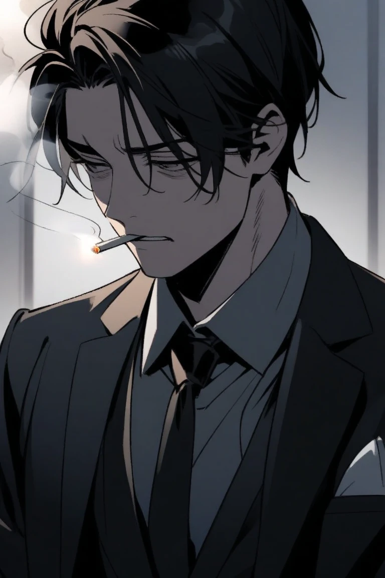 ((masterpiece, best quality), (anime), (close-up:1.36), (head-shot:1.36), (from front, facing front:1.15), (cigarette), 1man, male, solo, smoking, black hair