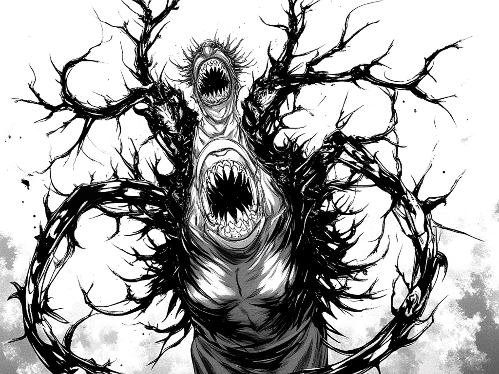 v5lcn style,Ink Art,(highest quality,Tabletop:1.2),(Black and white comic core:1.1),(extremely high contrast),Dark ink,Shadow on face、8K、tmasterpiece,highest quality,death note,1boys,Black-haired demon creature,closeup of face,shinigami,4k manga wallpapers, high definition anime art, dark but detailed digital art