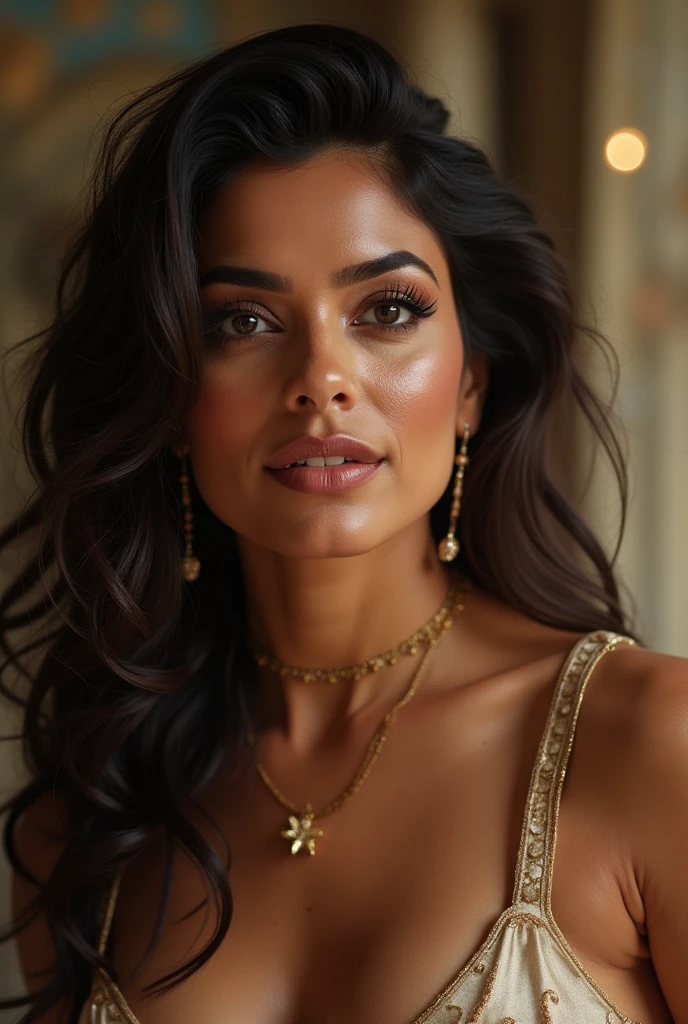 "Create an ultra-realistic image of a modern, attractive female influencer of Indian descent, aged between 27 to 30. She should have a warm and inviting smile, expressive almond-shaped eyes with a slight shimmer, and clear, glowing skin with a medium brown complexion. Her features should be well-defined, with high cheekbones and a sharp jawline. Her hair should be long, thick, and wavy, with a natural shine and bounce, styled in loose waves with a golden headband. Her hair color is a deep, reddish-purple hue that’s bold yet sophisticated. She should have a slender yet athletic build, with an emphasis on her chest, featuring gigantic breasts (plump: 1.3). anusha hot cleavage photos in grey suit, headshot profile picture, candid picture, candid photo, portait photo profile picture, profile image, actress, candid photograph, with lovely look, profile pic, photo taken in 2 0 2 0, cute beautiful, beautiful cute, big smirk, with a seductive smile, kyza saleem, handsome girl, ((film grain, skin details, high detailed skin texture, 8k hdr, dslr)), photography taken by sony DSLR, Hd image