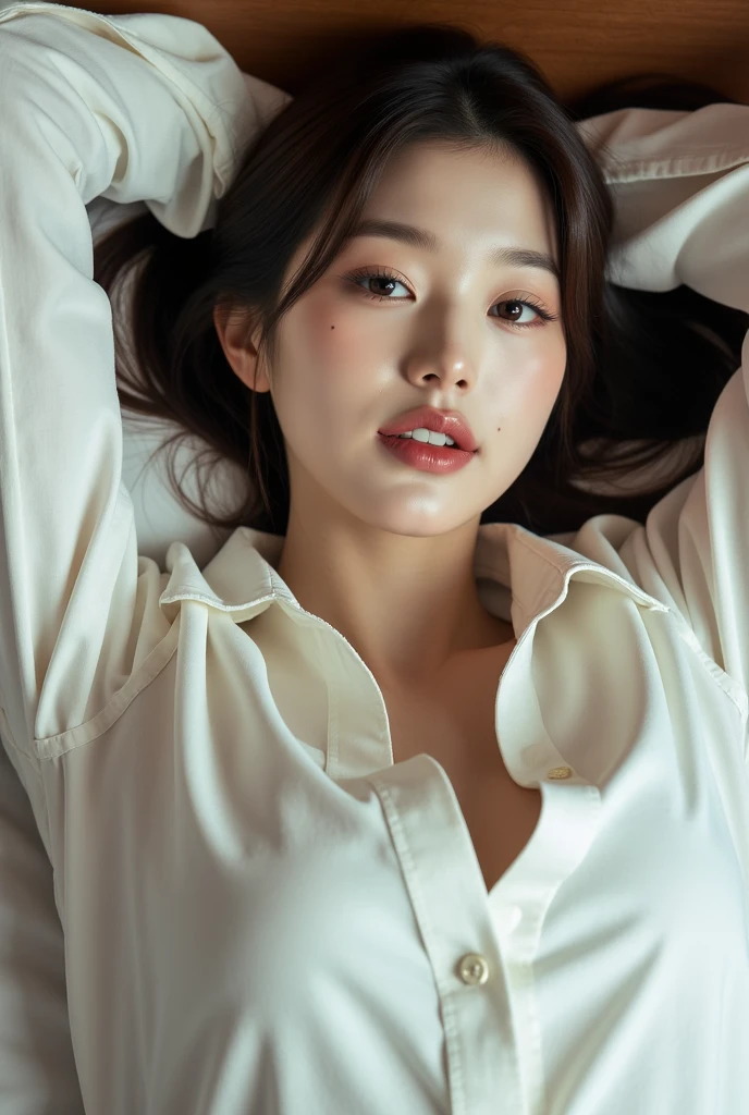 (((short black hair, amber eyes, thick upper lip and pointed nose,(((manhwa,girl,sexy,woman,anime,long sleeve t-shirt, white t - shirt, blue jeans, ))),(((wide hips))),S-shaped body:1.7))),((masterpiece)),high resolution, ((Best quality at best)),masterpiece,quality,Best quality,((( Exquisite facial features,looking at the audience,There is light in the eyes ))),(((Light and shadow interlace,huge ))),(((from above,Lying in bed)))