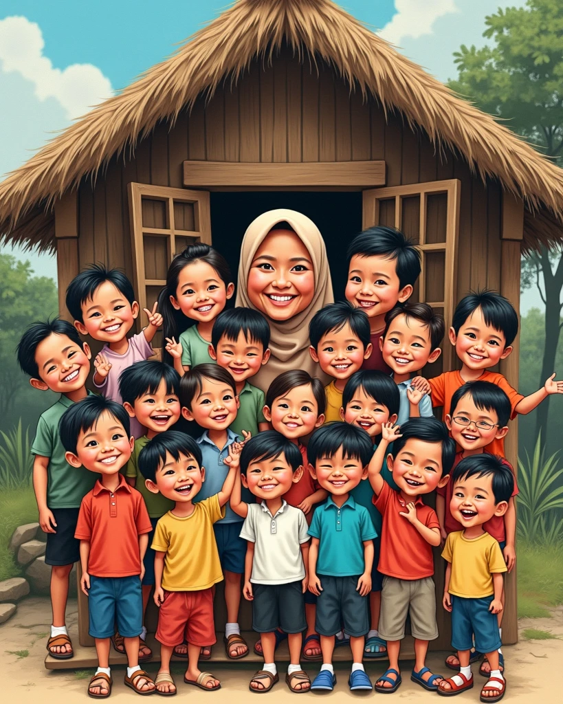 cartoon of a family of four standing in front of a playground, Woman wearing hijab,And wear a long skirt, caricature illustration, in cartoon style, caricature style, digital art cartoon, potrait, cartoon digital art, cartoon digital painting, cartoon portrait, realism artstyle, realistic cartoon, cartoon artstyle, an indonesian family portrait, charicature, cartoon art, cartoon style illustration, children, by Abidin Dino